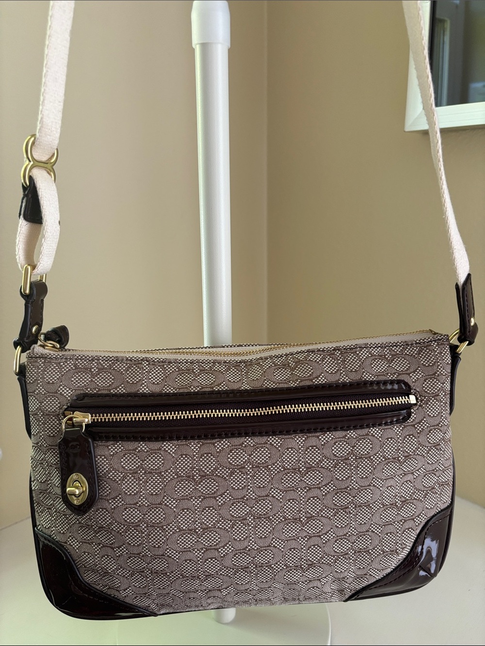 Faux Coach Neutral Signature Crossbody Bag with Brown Trim